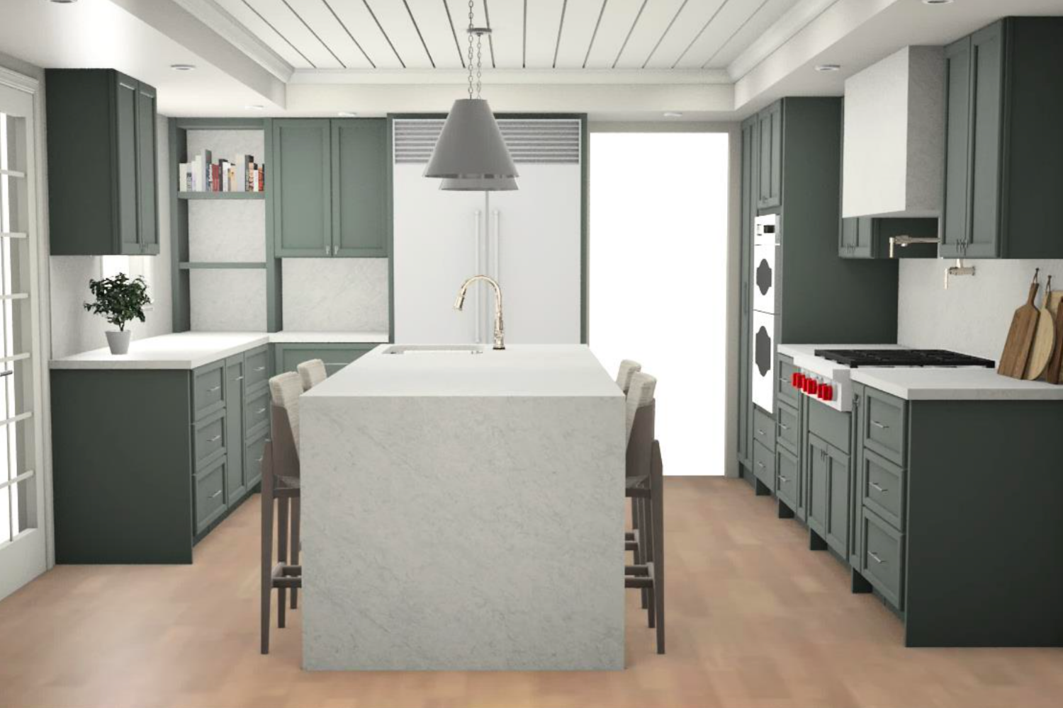 3D kitchen rendering with large island with a waterfall countertop and dark green custom cabinetry