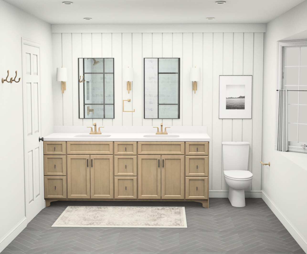 3D rendering of beautiful bathroom design with custom white oak vanity and shiplap wall detail