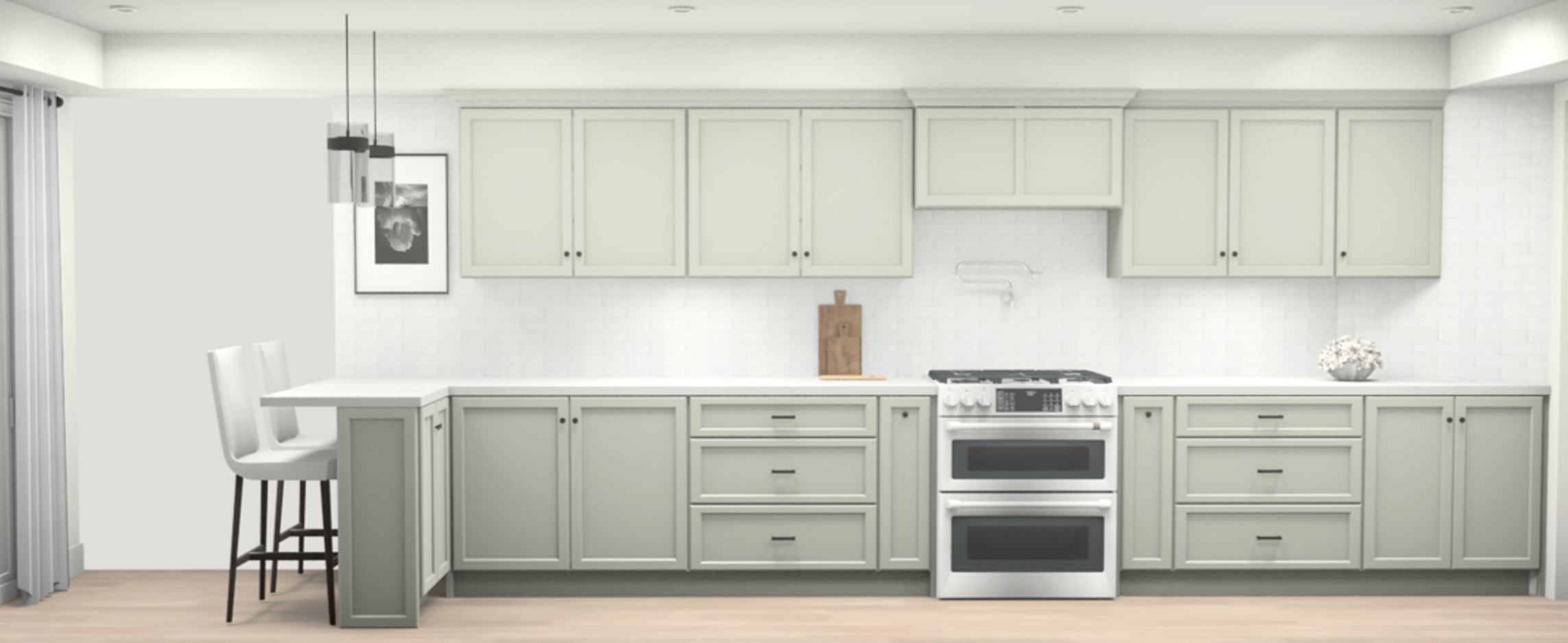 #D Rendering of kitchen design with custom sage green cabinetry